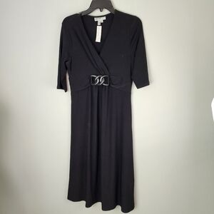 Lana Lee V Neck Faux Wrap Buckle Dress  Size Small Black NWT